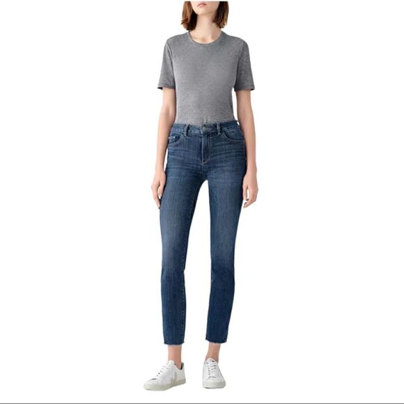 DL1961 Mara Mid Rise Ankle Straight Raw Hem Jeans - Picture 1 of 6